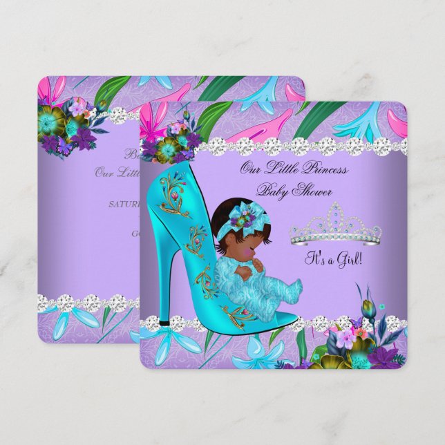 Invitation Baby shower afro-américain fille sarcelle violet (Devant / Derrière)