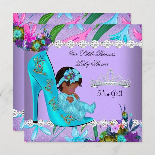 Invitation Baby shower afro-américain fille Turquoise pourpre (Devant / Derrière)