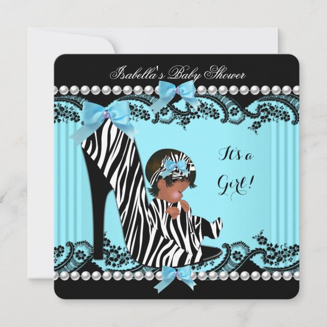 Invitation Baby shower afro-américain fille Zebra Turquoise (Devant)