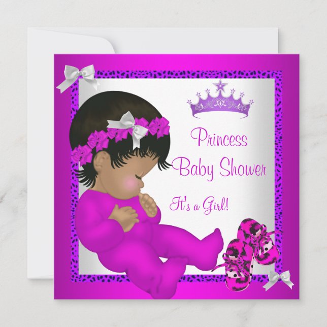 Invitation Baby Shower Afro-Américain Léopard Rose Violet (Devant)
