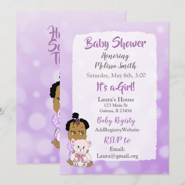 Invitation Baby shower afro-américain pour filles (Devant / Derrière)