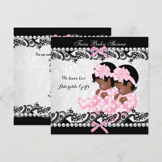 Invitation Baby shower afro-américain Twin Girls rose (Devant / Derrière)