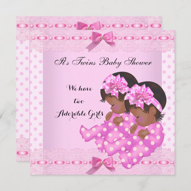 Invitation Baby shower afro-américain Twin Girls rose (Devant / Derrière)