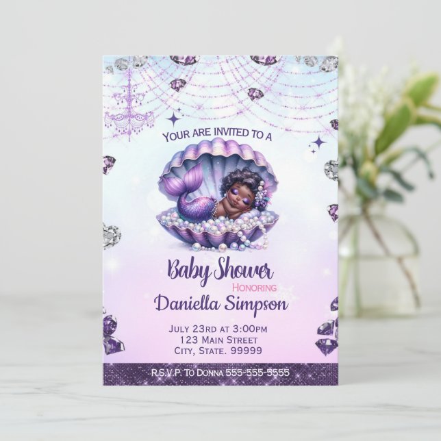 Invitation Baby shower Afro Mermaid (Debout devant)