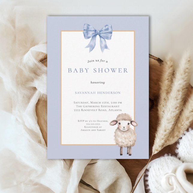 Invitation Baby Shower Agneau Ruban Bleu (Créateur téléchargé)