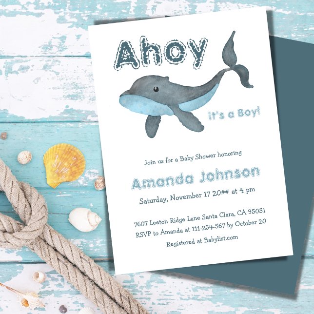 Invitation Baby shower Ahoy Nautical Whale Sea Blue Boy (Créateur téléchargé)