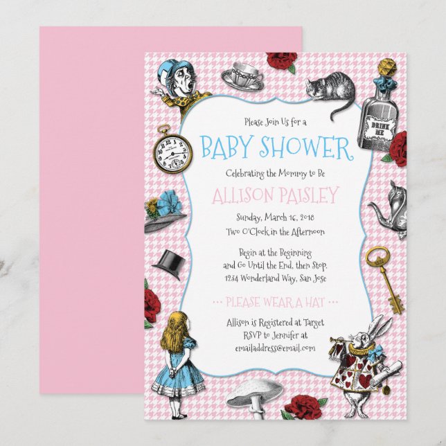 Invitation Baby shower Alice au Wonderland Houndstooth (Devant / Derrière)