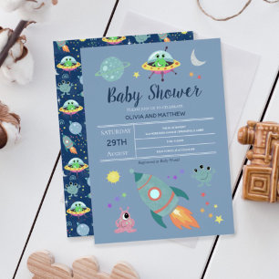 Invitation Baby shower Alien de fusée Boys mignon Blue Space