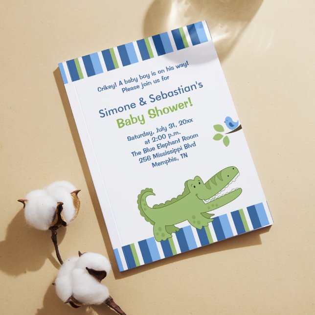 Invitation Baby shower Alligator bleu/vert 4x6 (Alligator Baby Shower Invitations)