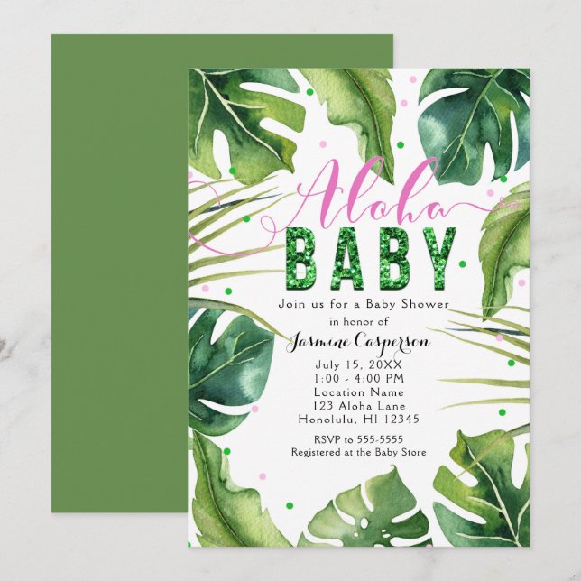 Invitation Baby shower ALOHA Feuilles tropicales Rose & Vert (Devant / Derrière)