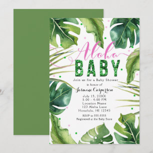 Invitation Baby shower ALOHA Feuilles tropicales Rose & Vert