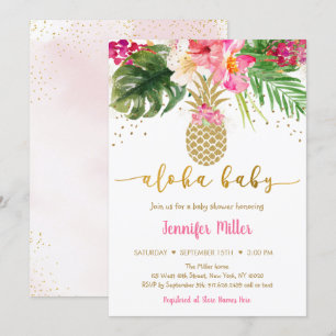 Invitation Baby shower Aloha Floral Pineappa Rose Or