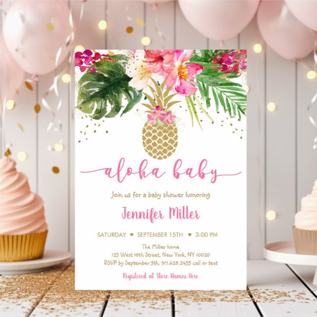 Invitation Baby shower Aloha Floral Pineappa Rose Or (Créateur téléchargé)
