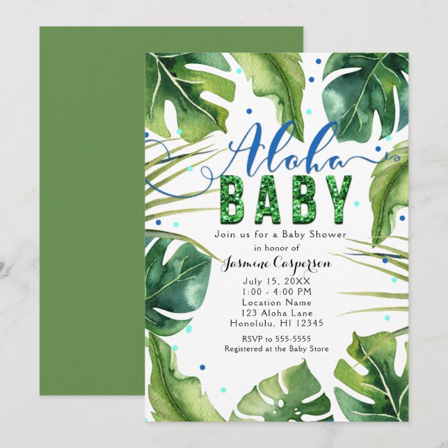 Invitation Baby Shower ALOHA Tropical Leaves Bleu Vert (Devant / Derrière)