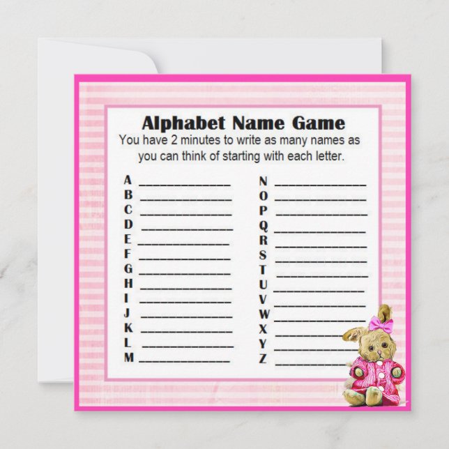 Invitation Baby shower Alphabet Nom & Bingo Jeu Lapin Rose (Devant)