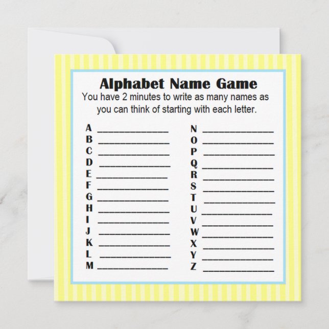 Invitation Baby shower Alphabet Nom Jeu BINGO Jaune & Bleu (Devant)