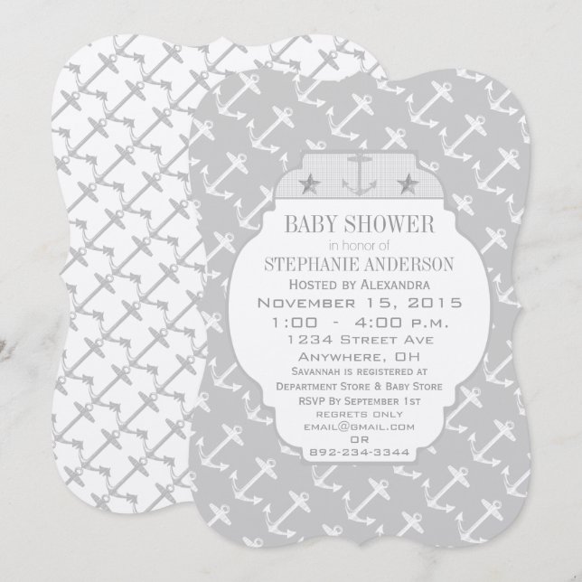 Invitation Baby shower Ancre gris marine (Devant / Derrière)