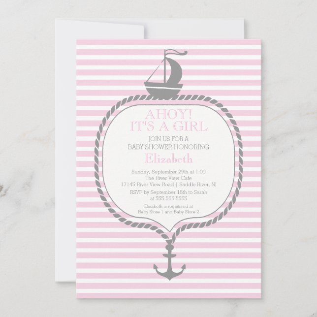 Invitation BABY SHOWER Ancres roses à bande Nautique CUTE (Devant)