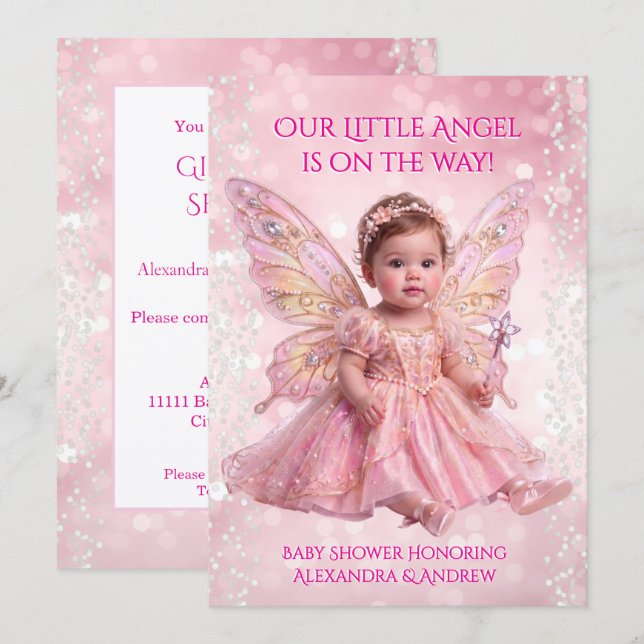 Invitation Baby shower ange ailes de fée rose or (Devant / Derrière)