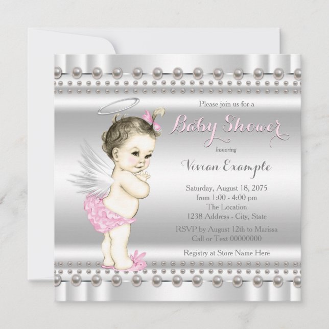 Invitation Baby shower Ange Rose et Argenté (Devant)