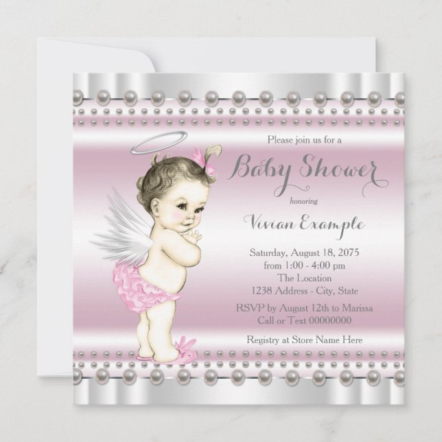 Invitation Baby shower ange rose et gris (Devant)