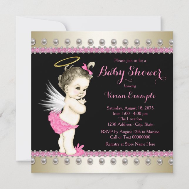 Invitation Baby Shower Ange Rose Noir et Or (Devant)
