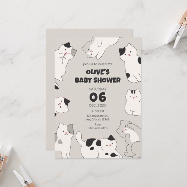Invitation Baby shower animal de compagnie de chats mignons (Devant/Arrière en situation)