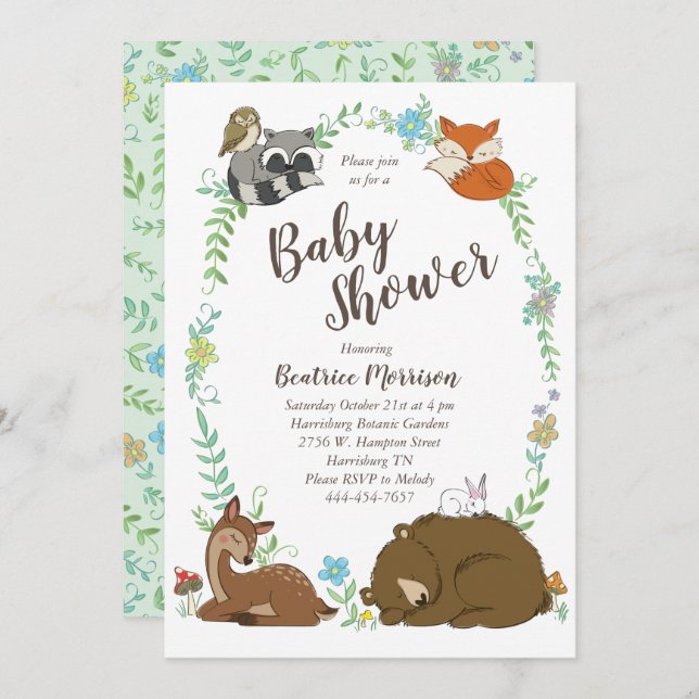 Invitation Baby shower animal de forêt amis de la forêt (Devant / Derrière)