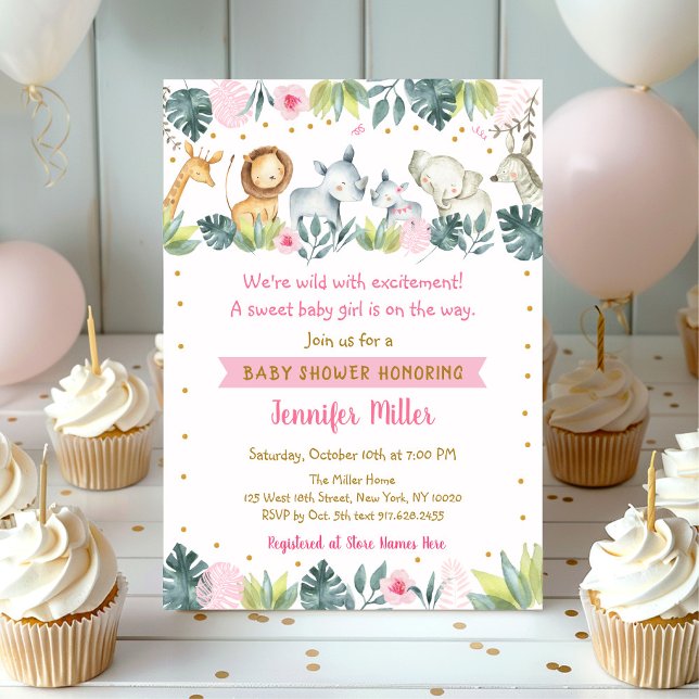 Invitation Baby shower animal de la Jungle de Safari rose (Créateur téléchargé)