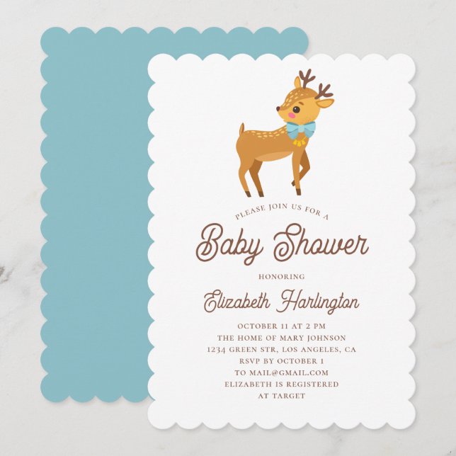 Invitation Baby shower animal d'hiver. Cerf boisé mignon (Devant / Derrière)