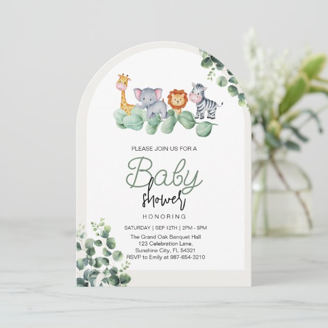 Invitation Baby shower animal, Fleur Eucalyptus (Debout devant)
