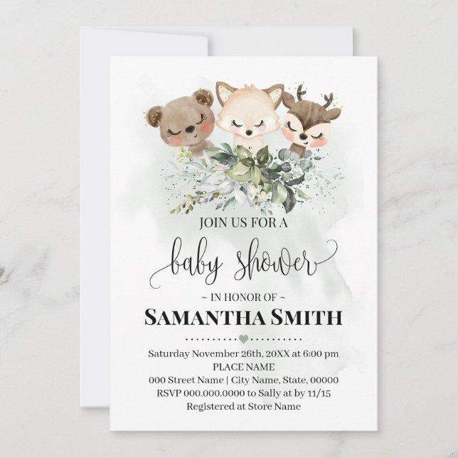 Invitation Baby shower animal forestier Animaux boisés (Devant)