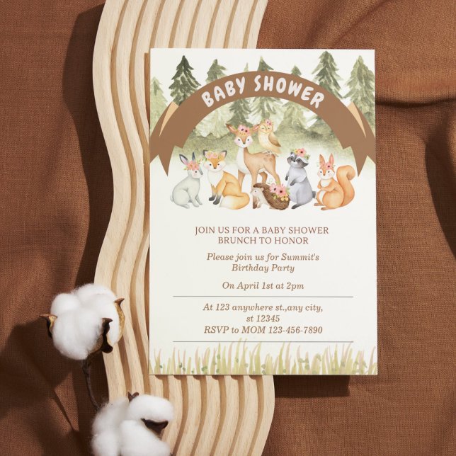 Invitation Baby shower animal forestier Brown et vert (Brown and Green Woodland Animal Baby Shower Invitation)