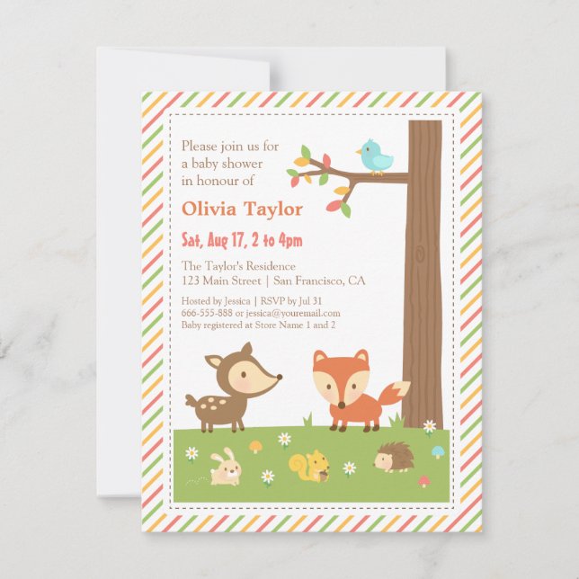 Invitation Baby shower animal forestier coloré (Devant)