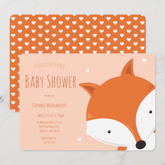 Invitation Baby shower animal Fox Coeurs mignons (Devant / Derrière)