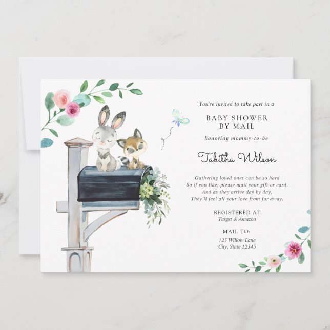 Invitation Baby shower animal rose boisé par courrier (Devant)