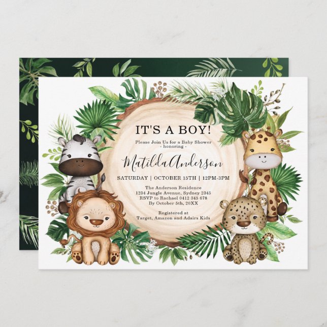 Invitation Baby shower animal sauvage de Jungle tropicale Saf (Devant / Derrière)