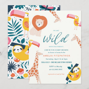 Invitation Baby shower animal sauvage de la Jungle   Blanc