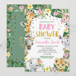 Invitation Baby shower animalier de la Jungle Florale rose