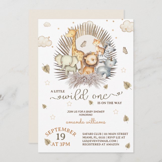 Invitation Baby shower animalier Jungle Safari (Devant / Derrière)