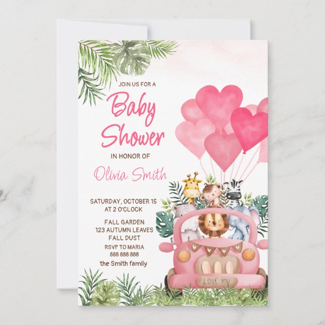 Invitation Baby shower animalier rose Safari (Devant)