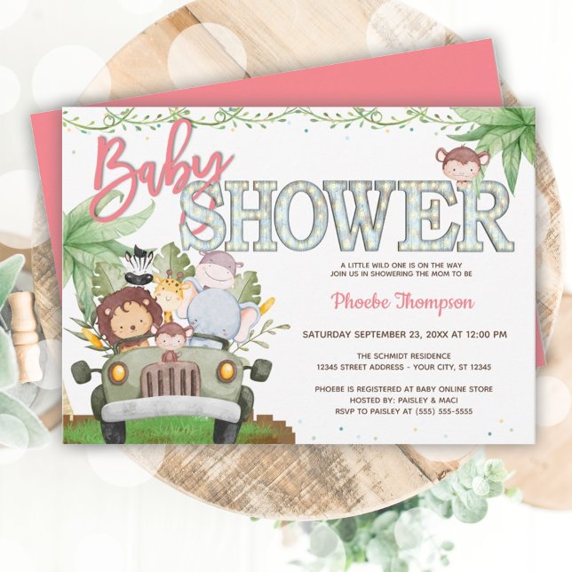Invitation Baby shower animalier rose Safari (Pink Safari Animals Baby Shower Invitation)