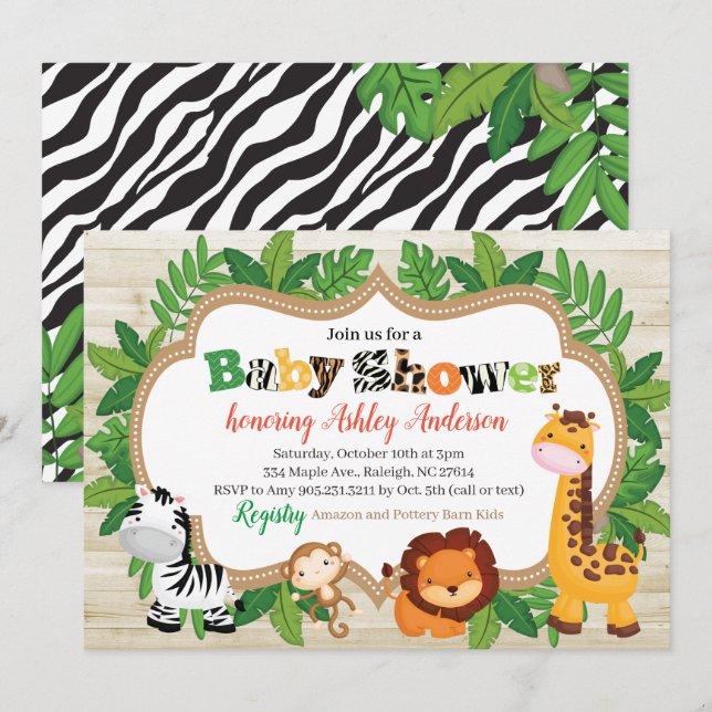 Invitation Baby shower animalier Safari Jungle (Devant / Derrière)
