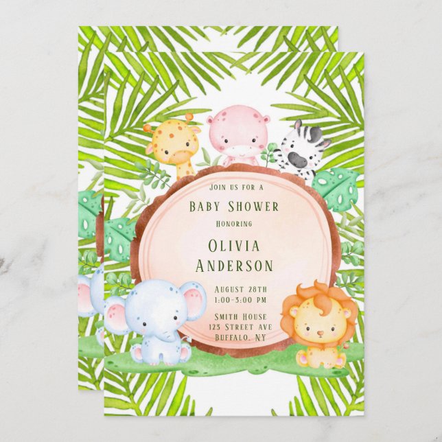 Invitation Baby shower animalier Safari Jungle (Devant / Derrière)