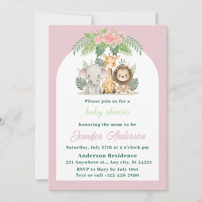 Invitation Baby shower animaliers pour filles Safari (Devant)