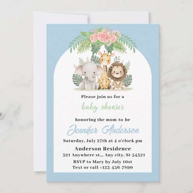 Invitation Baby shower animaliers Safari Garçon (Devant)