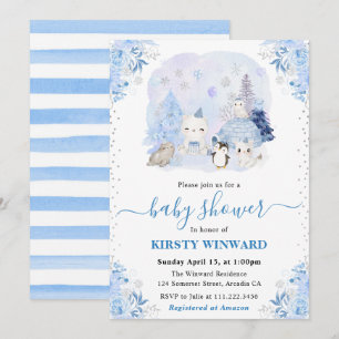 Invitation Baby Shower Animaux Arctiques Hiver Aquarelle