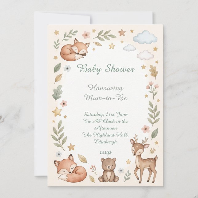 Invitation Baby Shower Animaux de la Forêt (Devant)