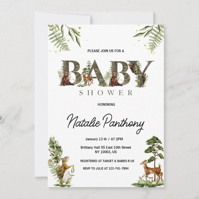 Invitation Baby Shower Animaux de la Forêt (Devant)