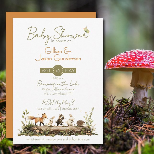 Invitation Baby-Shower Animaux de la Forêt (Simply charming woodland animals in the forest baby shower invitation.)